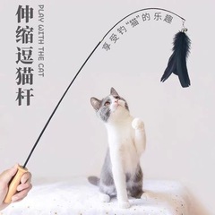逗猫棒木柄羽毛可伸缩两节杆耐咬猫咪解闷自嗨玩具用品厂家批发