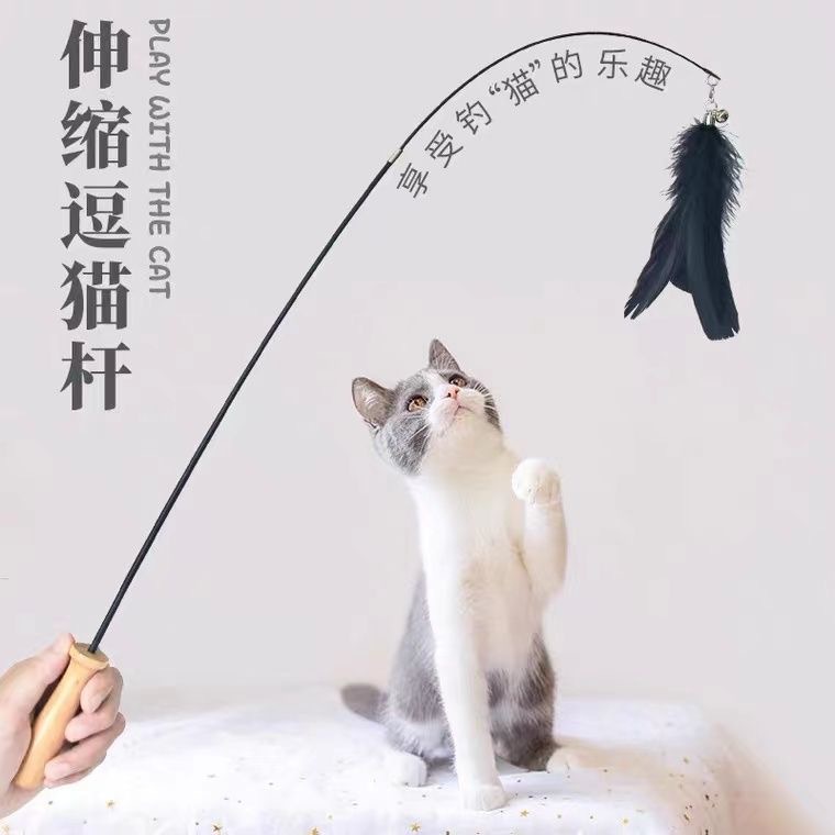 고양이 놀리는 막대, 나무 손잡이, 깃털, 접이식 2단 막대, 물림 방지, 고양이 지루함 해소, 자기 즐거움 장난감 및 용품 제조업체 도매