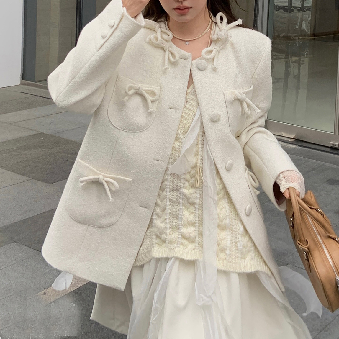 Korean Style Loose Women's Outwear with Bow Design Woolen Outwear Autumn and Winter Outwear Versatile Tweed Suit