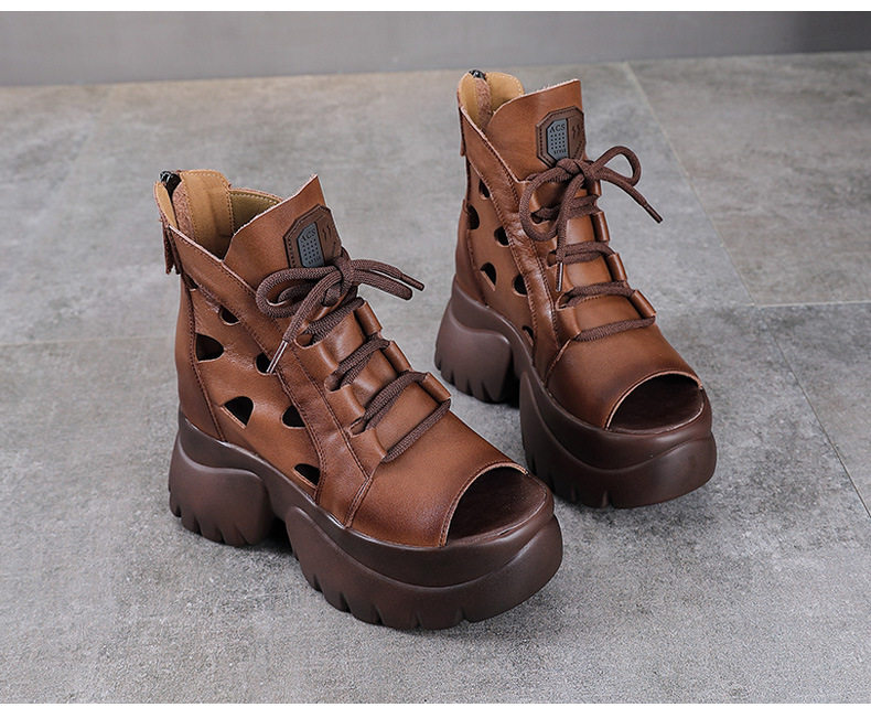 Boot nữ cổ thấp miệng cá đế dày gót 9 cm da thật — Màu đen chi tiết 13