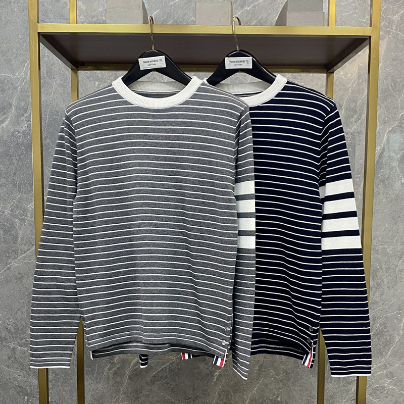 Tnom Biowhe Tb Knitted Horizontal Stripesd Sweatshirt Long-Sleeved T-Shirt Men's Four-Bar Round Neck Sweater Pure Cotton Bottoming Shirt
