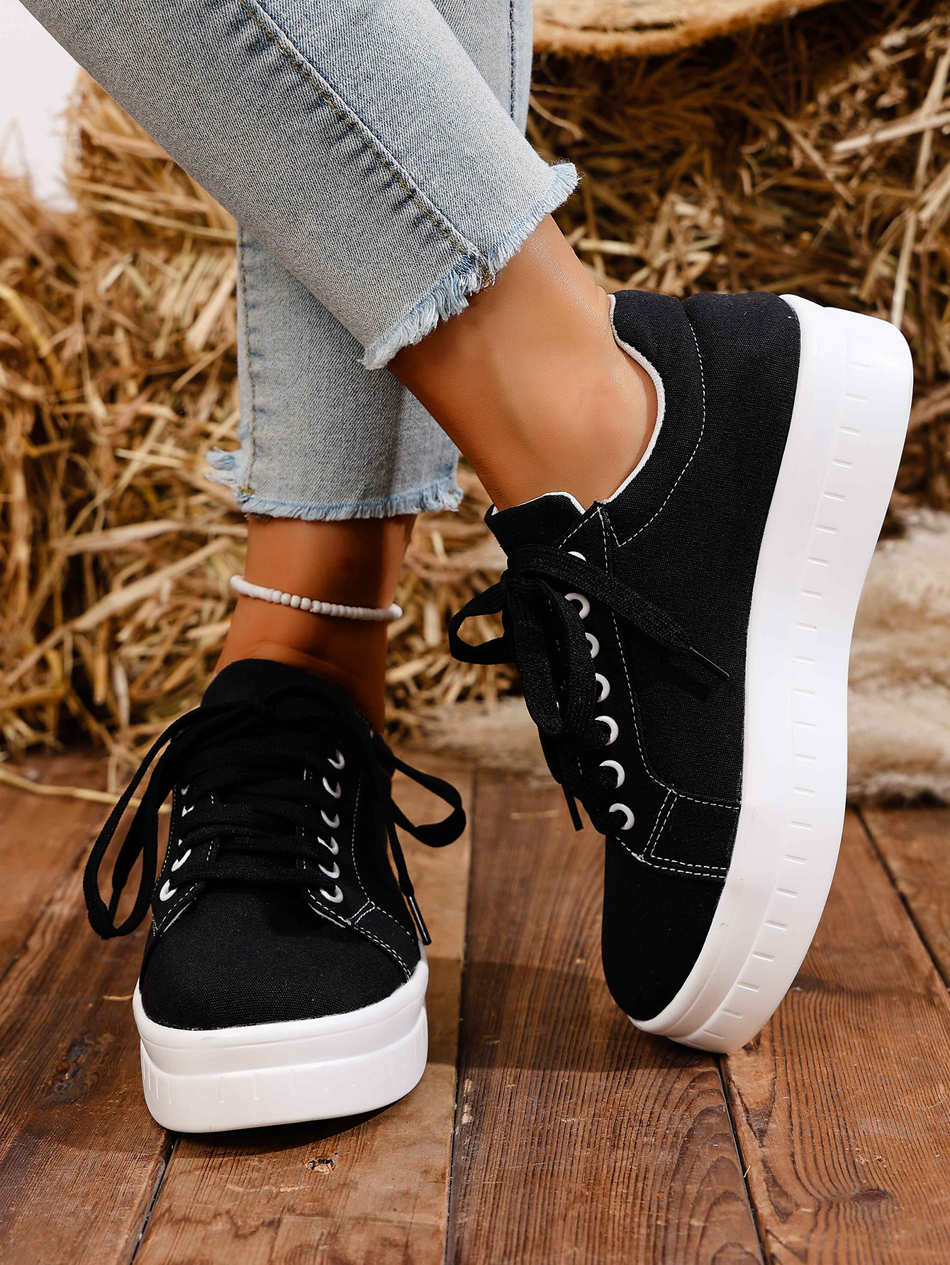 Women's Lace-up Casual Trainers For Women Round Toe Thick Sole_voghion.com