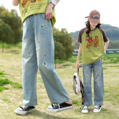 Women and Girls' Summer Casual Denim Straight Leg Pants for Middle and Big Children, Category B Cotton High-Quality Children's Pants, One Piece Drop Shipping