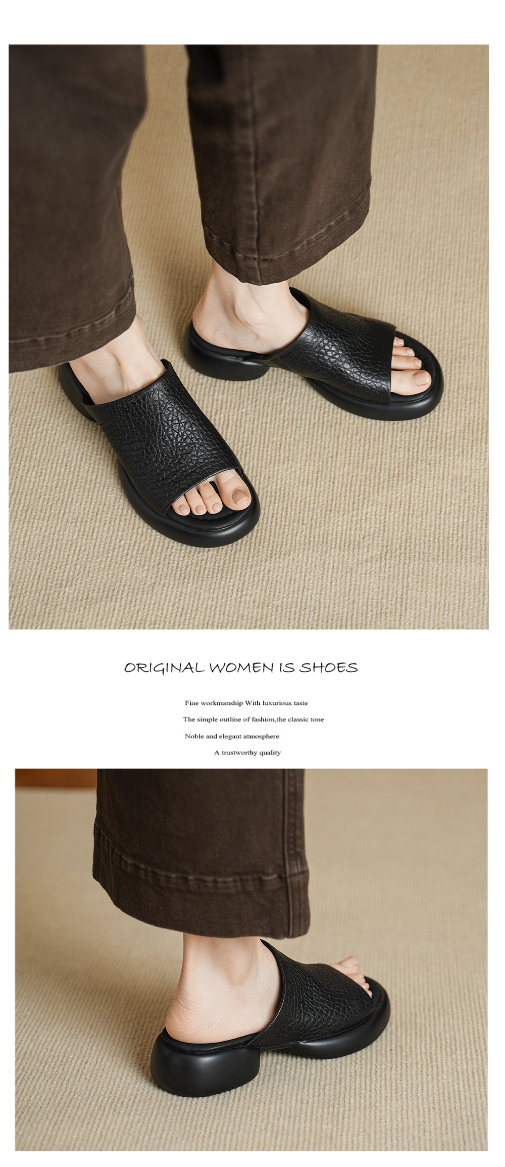 Dép sandal nữ quai chữ V đế dày da cừu khóa thắt lưng — đen chi tiết 12