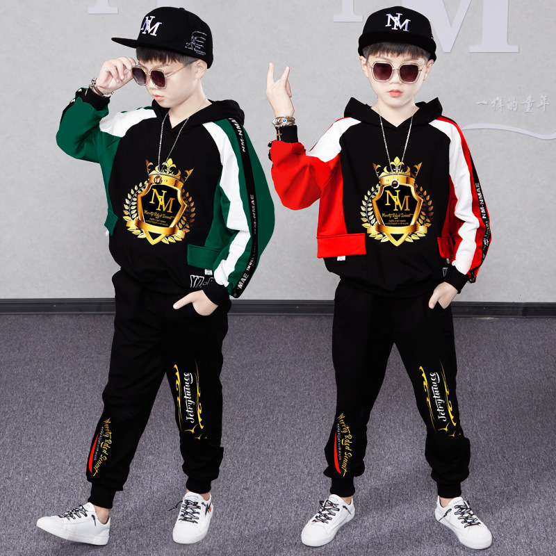 Boys' Autumn 2023 New Chinese and Korean Long sleeved Color Block Hooded Sweater for Children's Sports_voghion.com