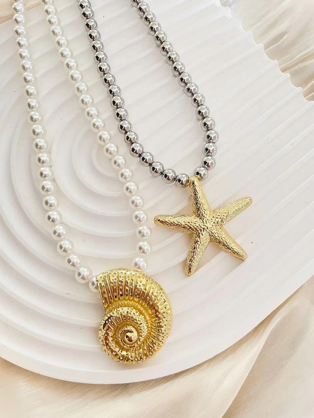 1 Piece Quantity Marine Style Simple Style Starfish Conch Imitation Pearl Alloy Wholesale Pendant Necklace