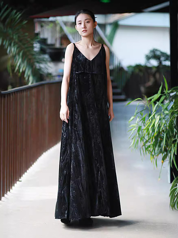 New Velvet Suspender Skirt with Chinese Style Print, New Chinese Style Extended Version Dress in 2 Colors