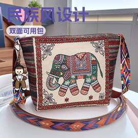 新款现货提花民族风单肩包布女士斜挎包可爱双面图案带小女孩挂件
