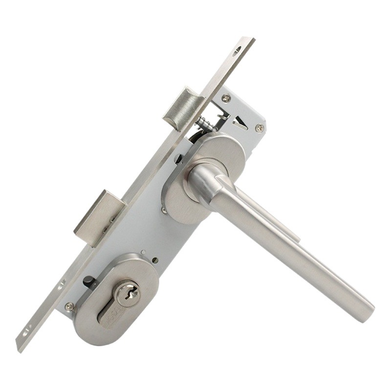 Cerradura de Puerta Batiente de Aleación de Aluminio para Comercio Exterior con Manija Dividida de Acero Inoxidable, Cerradura de Perfil Estrecho, Cerradura de un Solo Punto, Cerradura de Manija de Doble Cara.