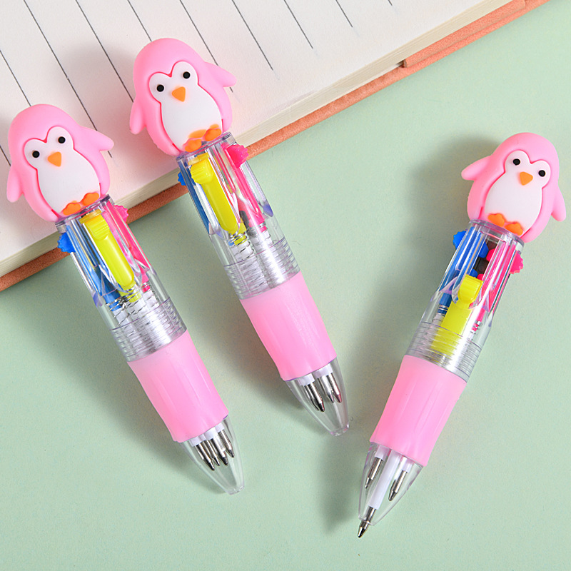 Caricatura de pingüinos lindos mini bolígrafo de cuatro colores multicolor en uno bolígrafo de cuentas de mano de color para estudiantes premios papelería al por mayor