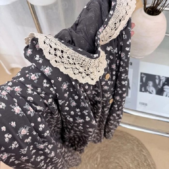 ins日系甜美碎花云朵棉睡衣女带胸垫春秋长袖蕾丝花边家居服套装|undefined