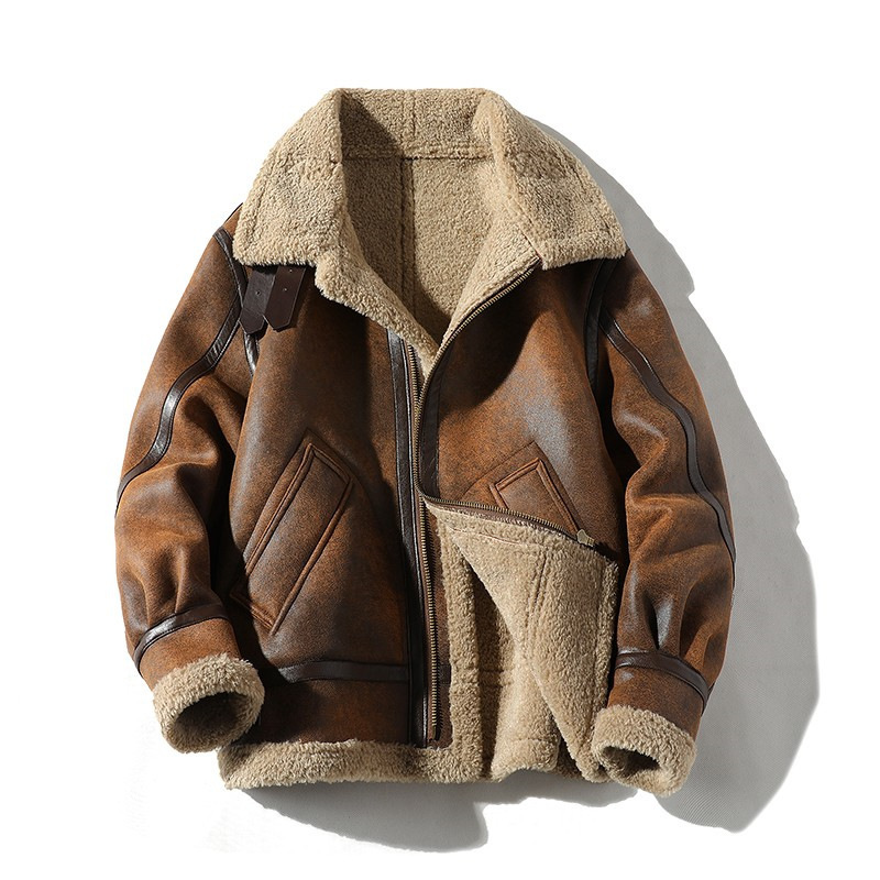 Vintage Suede Lambswool Jacket for Men, Fleece-Lined and Thickened, Winter Leather and Fur Integrated Large Size Biker Leather Coat, Trendy Vintage Suede Lambswool Jacket for Men, Fleece-Lined and Thickened, Winter Leather and Fur Integrated Large Size Biker Leather Coat, Trendy