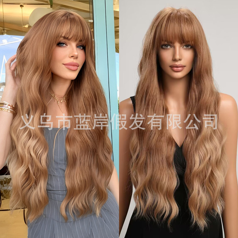 Cross-border wig female long hair neat bangs milk tea brown water ripple long curly hair temperament natural simulation full head cover