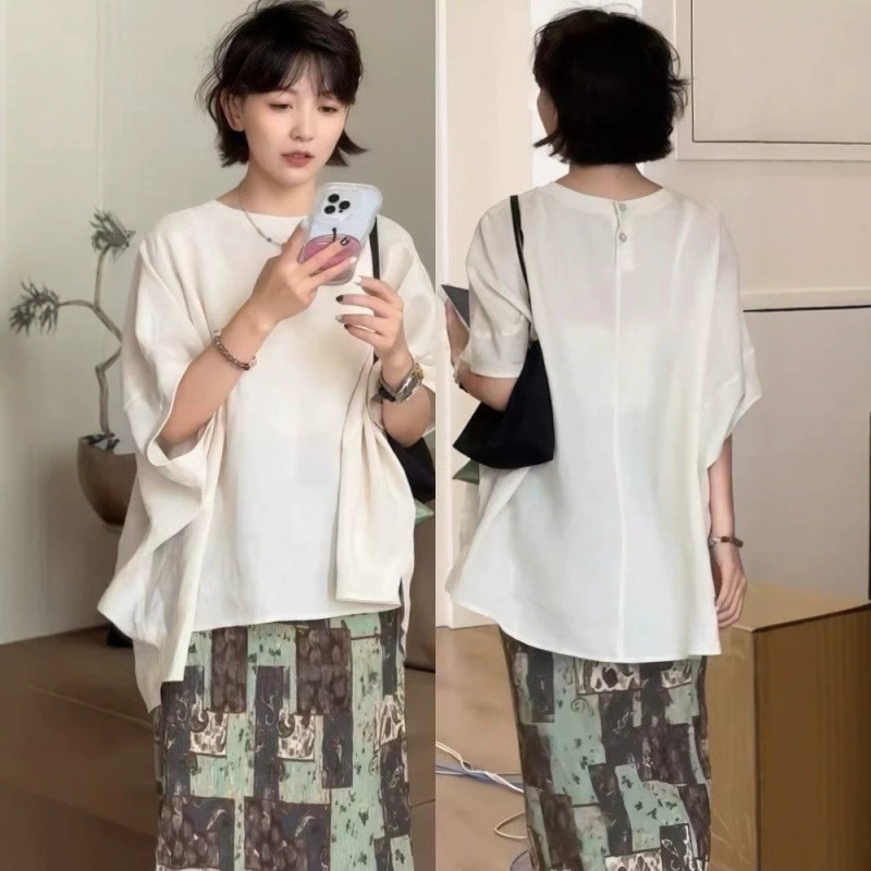 100% Hemp Shirt Summer New Style Ribbed Collar Loose Pullover Batwing Sleeve Shirt Versatile Youthful Stylish Top