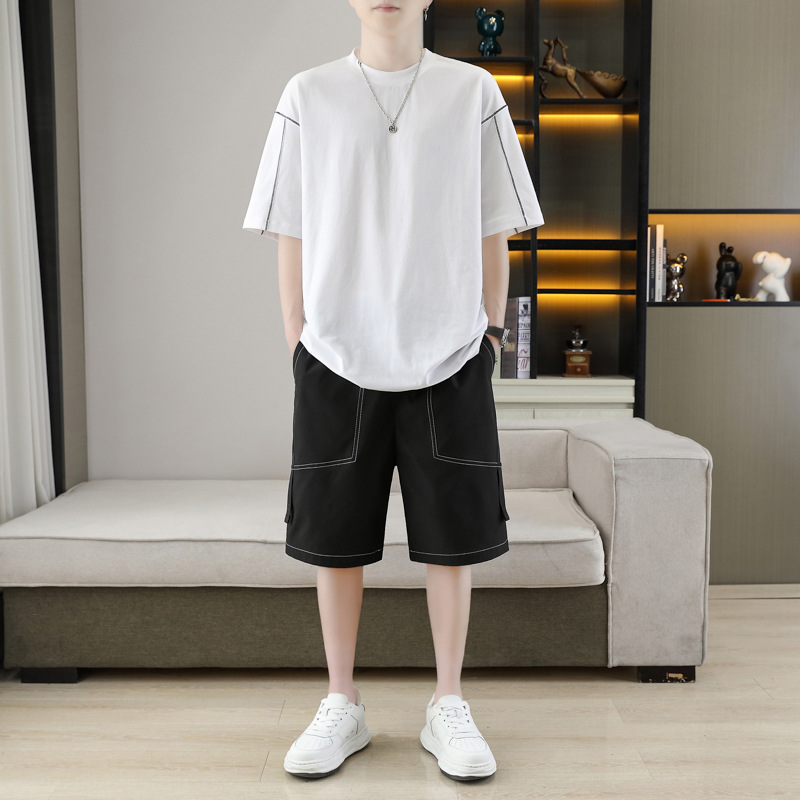 Hombres de verano nuevo color sólido simple pantalones cortos de manga corta dos piezas casuales sueltos y versátiles set de tamaño grande