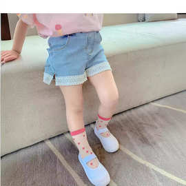2025夏季女童牛仔裤 韩版新款潮范蓝色花边短裤 小童洋气中腰裤子