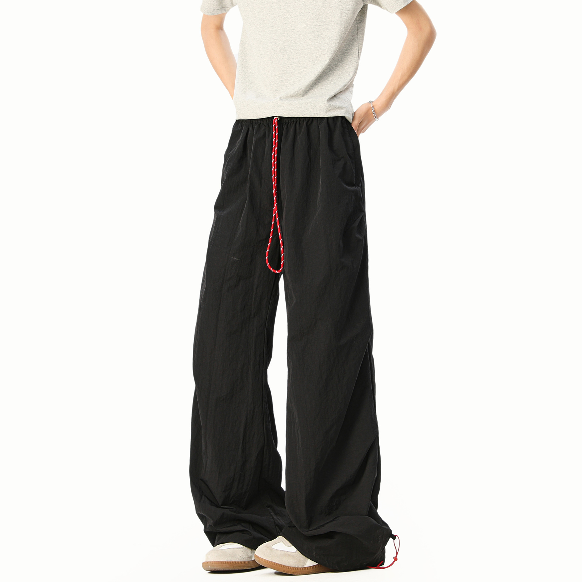 American Style Trendy Brand Parachute Pants Men's Retro Street Style Handsome Pleated Sports Pants Loose Wide Leg Drawstring Quick-drying Casual Pants