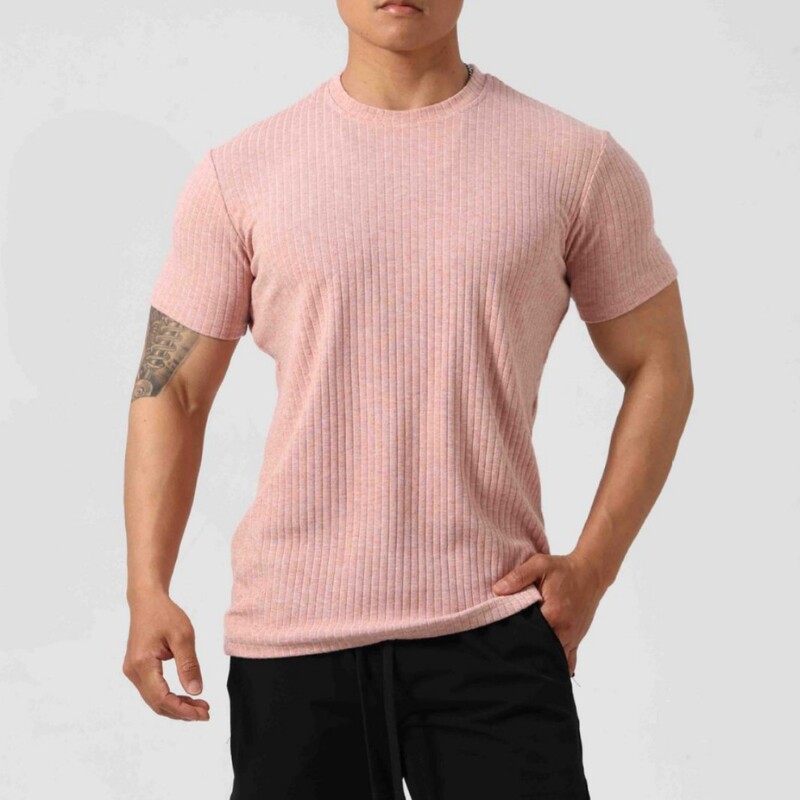 Big Striped Sports T-shirt Men's Summer Slim-fit Cuff Knitted Casual Fitness Short-sleeved Training Clothes Fitness Top