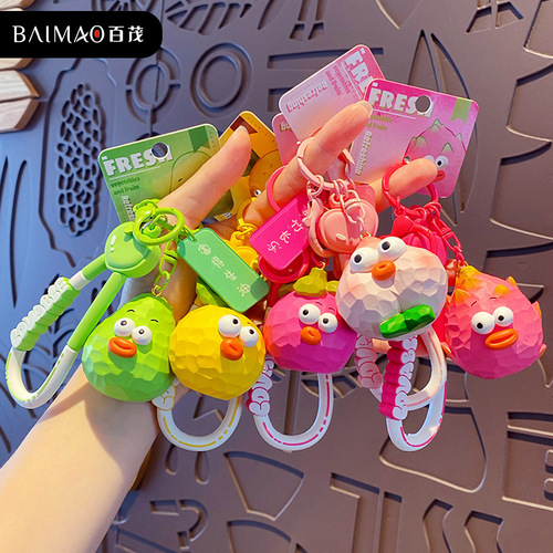 Original Bamboo Wood Carving Style Fruit and Vegetable Series Creative Crazy Eye Orange Durian Keychain, Keychain Bag Pendant