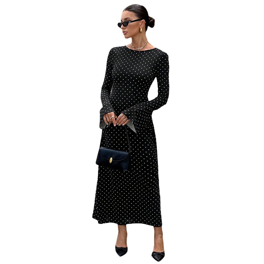Black Polka Dot Maxi Dress Long Sleeve Open Back Slim Fit Adjustable Tie Elegant Autumn Winter Evening Wear