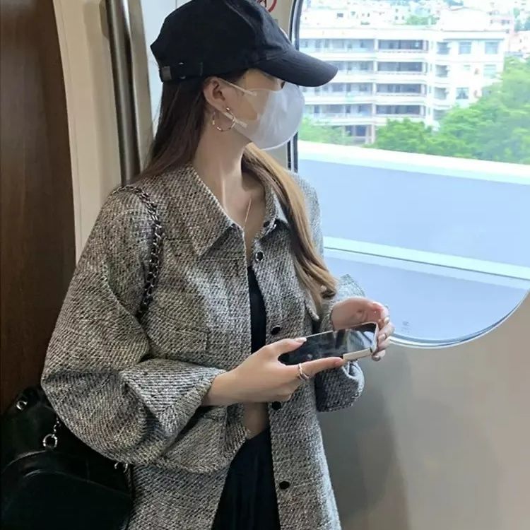 2025秋冬新款小香风polo领格子衬衫外套宽松慵懒韩系中长款上衣|undefined
