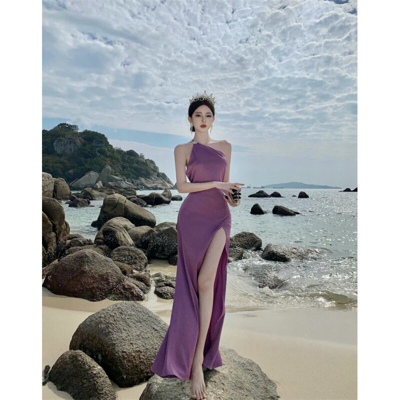 Purple Socialite Elegant Backless Sexy Split Dress Long Satin Neck Skirt Sparkle Strap Birthday dress