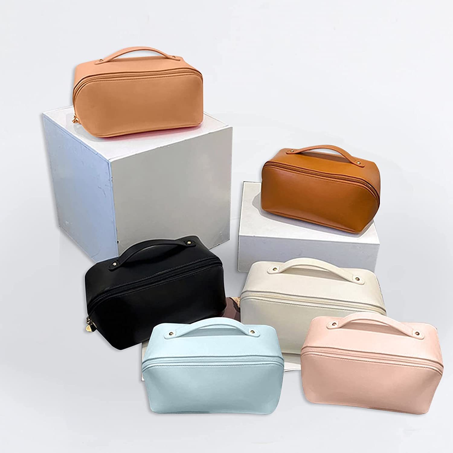 Femmes Toutes Les Saisons Faux Cuir Couleur Unie De Base Carré Fermeture Éclair Trousse De Maquillage display picture 1