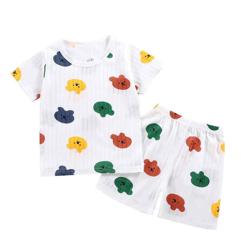 Traje de ropa para el hogar de algodón de verano para niños, pantalones cortos de manga corta para niños y niñas, pijama de dibujos animados para niñas, ropa de aire acondicionado para bebés
