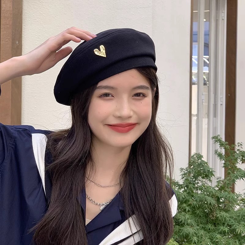 贝雷帽女秋冬爱心金属标毛呢保暖帽子ins小红书网红显脸小画家帽|undefined