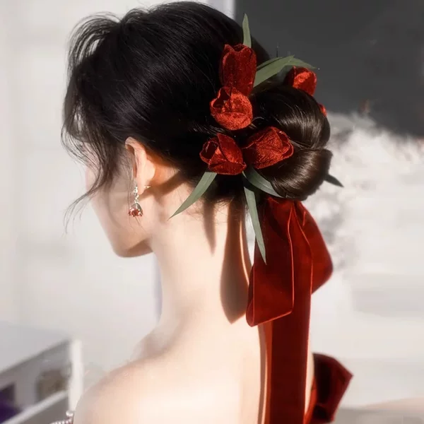 New Velvet Rose Bud Simple and Fashionable Wedding Suit Red Bride Toast Dress Headdress Dress Headwear