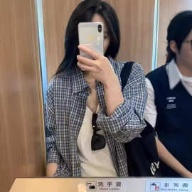 跨境秋季日系格子衬衣女薄款防晒罩衫上衣法式通勤外搭开衫外套大