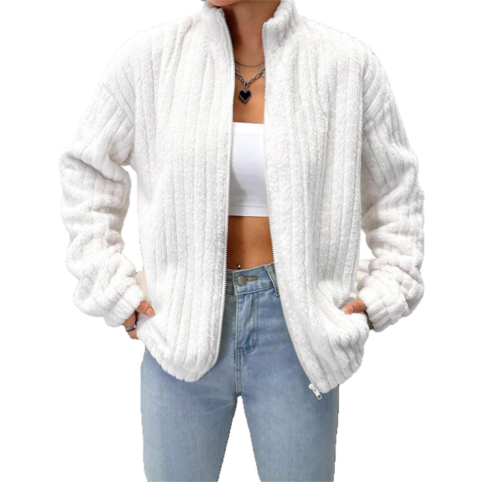Women's Plush Fur Cardigan Coat – Stand Collar Short Jacket For Autumn & Winter (Sizes S-XL)_voghion.com