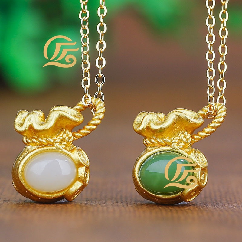 福袋镶钱袋吊坠古法银碧玉厂家白玉女款和田玉吊坠男货源镶金直播