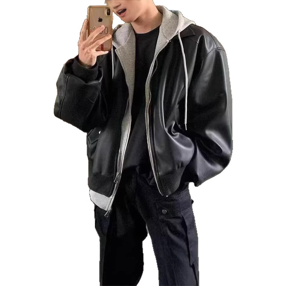 Zweiteiliges Herren-Set mit Kapuzenjacke aus Kunstleder, hochwertiges PU-Leder im Vintage-Stil, trendiges schwarz/graues Langarm-Oberteil für Paare_voghion.com