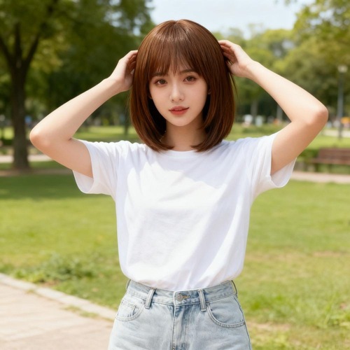 Female Ji Fa Style Wavy Bobo Headpiece Full Head Wig with Straight Fringe Student Simulation
