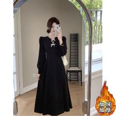 大码加绒气质蝴蝶结长袖连衣裙女2025年新款秋冬大码胖mm收腰裙子