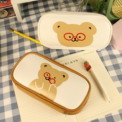ins Japanese bear pencil bag girly heart student stationery pencil bag simple and cute large capacity PU pencil box