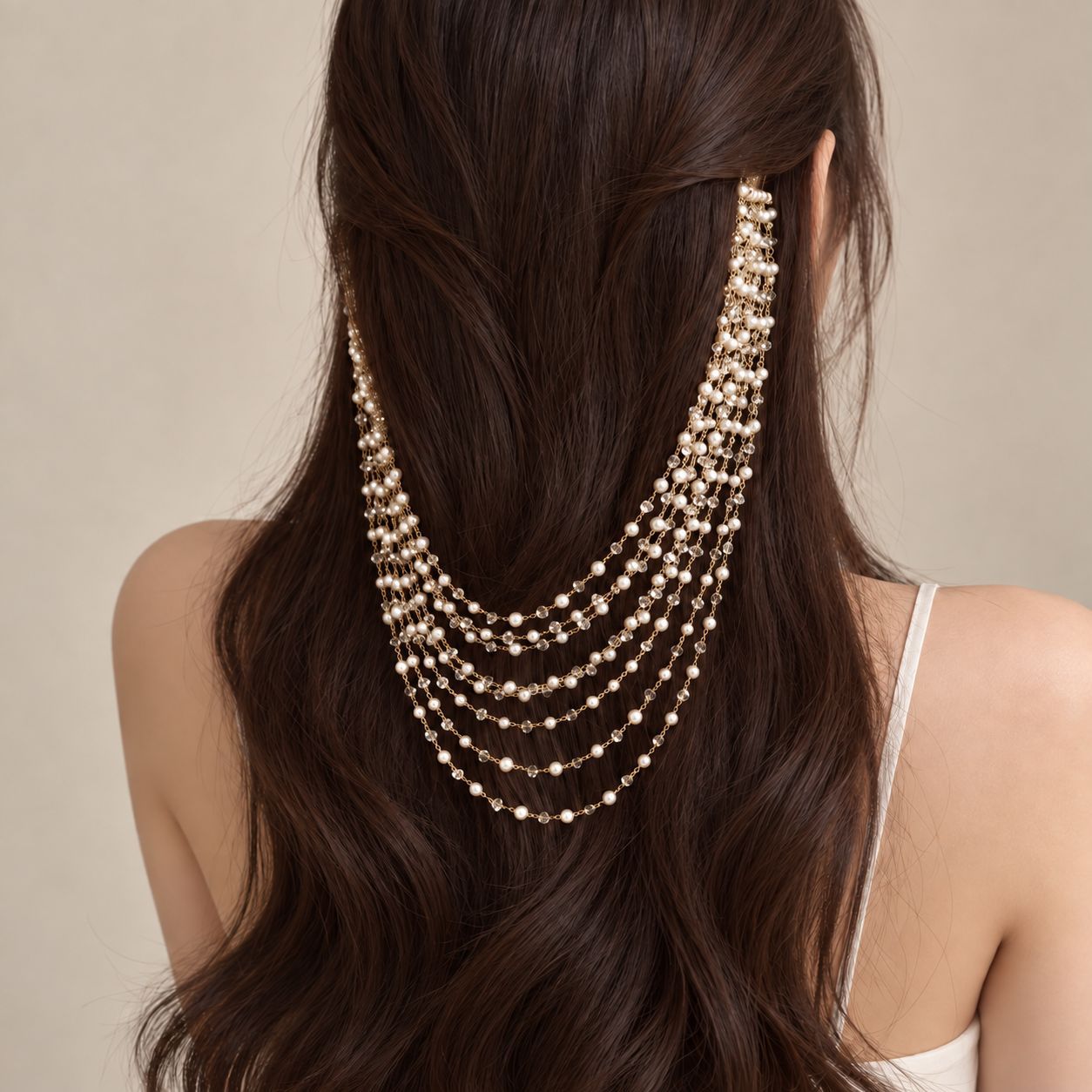 European and American bridal pearl and rhinestone multi-layer tassel hair chain, silver-colored hair accessory for the back of the head, suitable for weddings and banquets