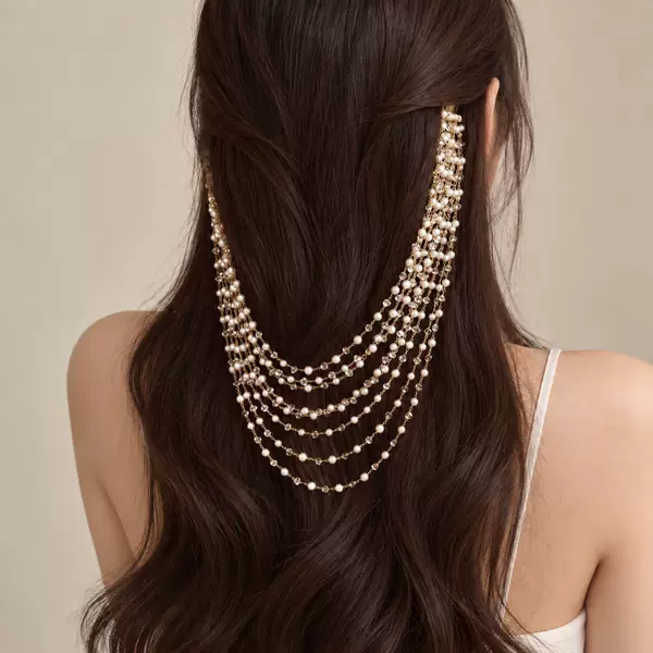 European and American bridal pearl and rhinestone multi-layer tassel hair chain, silver-colored hair accessory for the back of the head, suitable for weddings and banquets