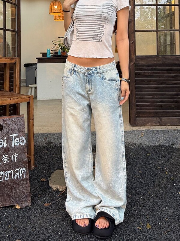 American Retro Distressed Light-Colored Low-Waist Jeans for Women, New Summer Style, Loose Straight-Leg Floor-Length Pants