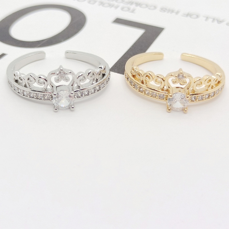 Open Ring Classification Adjustable Ring Size 18K Gold Plated Copper Vacuum Plating Zircon Waves Crown Classic Style Open Ring For Women'S