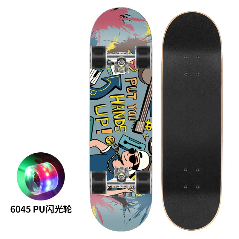Polyurethane flash skateboard, 80×20 cm, double-kick deck, 6045 PU wheels, 300 lb load