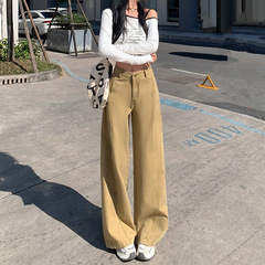カーキ色の広脚ジーンズ女性2025年春秋新高腰直筒ゆるい垂れ下がった感じが痩せているズボン