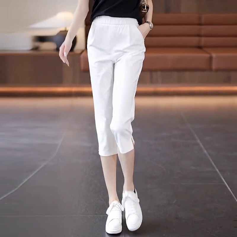 White Seven-and-Eight Pants Women's Summer and Autumn Elastoic High Waist Slimming Harlan Medium Pants Small Sports Washed Cotton Casual Pants
