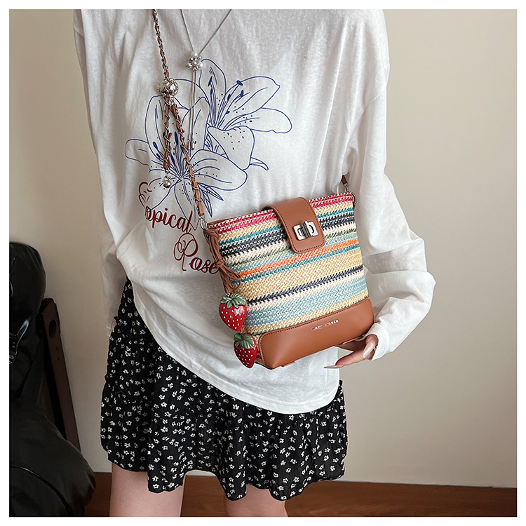 Seaside vacation beach rainbow woven bag for women 2025 Summer New style fashionable, simple, casual and high-quality single-shoulder bucket bag undefined