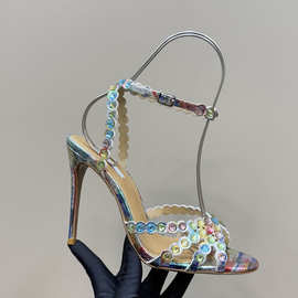 跨境欧美风彩色花边钻石一字扣带性感超高跟凉鞋细带镂空罗马凉鞋