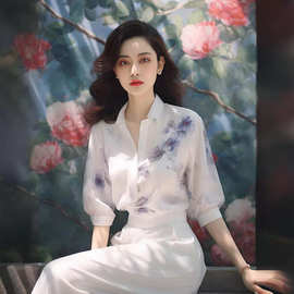 新中式高级感中国风蓝色印花短袖衬衫2024新款雪纺衫气质女式上衣