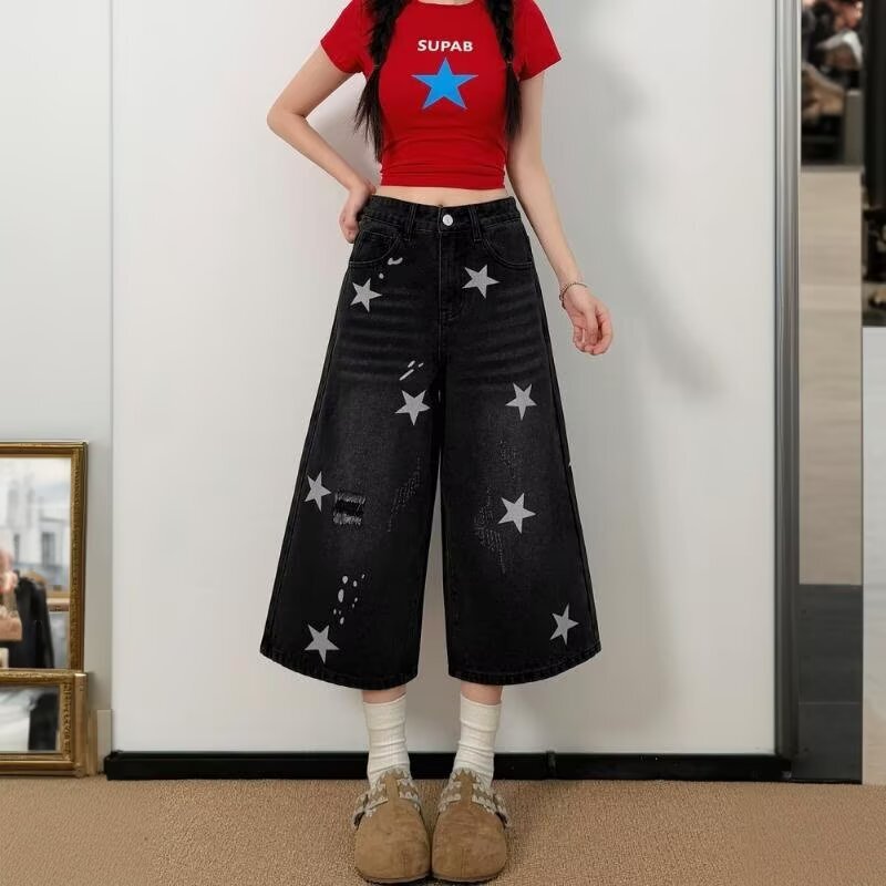 2026 American Retro Star Print Denim Shorts for Women, Vintage Washed Loose Wide-Leg Casual Cropped Pants 2026 American Retro Star Print Denim Shorts for Women, Vintage Washed Loose Wide-Leg Casual Cropped Pants