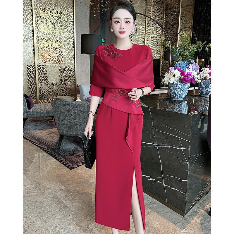 High-End Wedding Dinner for Mother-In-Law, Wedding Banquet, Mother-In-Law Red Four-Season High-End Dress, Red Dress