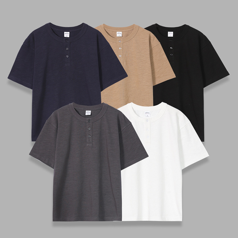 American Washed 320g Cotton Heavy Henry Collar Loose Open Collar Ami Khaji Solid Color Couple Short Sleeve T-shirt for Men